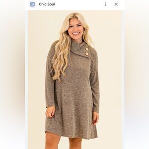 Lose My Breath Dress, Mocha -
Tan Sweater Dress with Button Accent